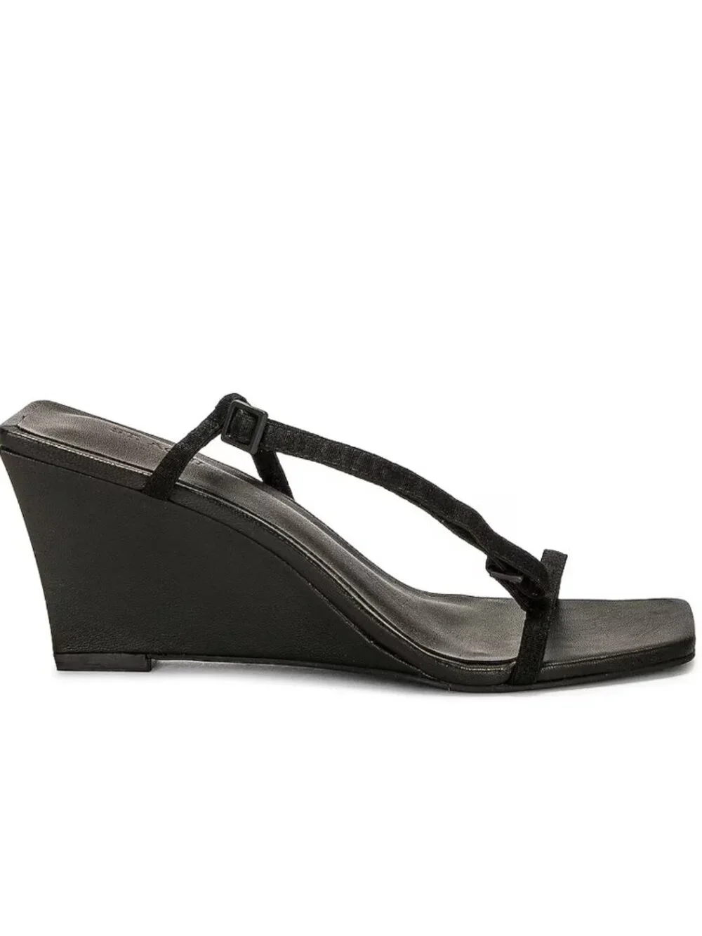 St. Agni Brasserie Wedge Black Leather Strappy Sandals Square Toe Heel